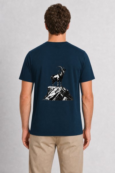 WAKHA Men's Mountain Goat Vintage Print Design with Back Print - Navy Blue