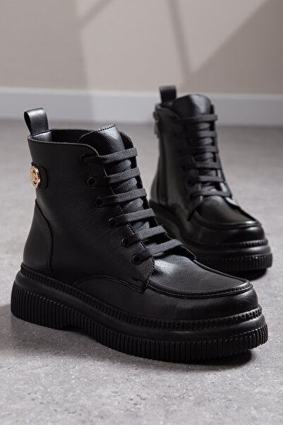 Mc vay Shoes Kadın Mc Aksesuar Detaylı Saraçlı Bağcıklı ve Fermuarlı Kalın Ka...
