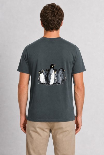 WAKHA Men's Hand Drawn Penguin Family Back Print - Smoked