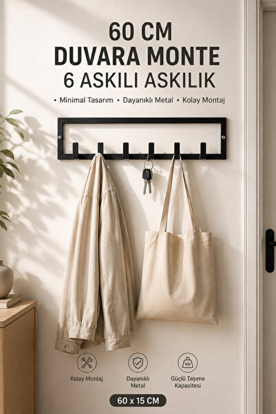 60x15 cm Duvara Monte Metal Askılık 6 Askılı Modern Duvar Askısı – Antre, Hol, Portmanto Askılığı