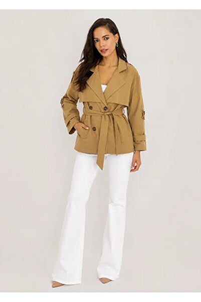 Cool & Sexy Kadın Camel Kuşaklı Trenç Ceket – Düğmeli Mevsimlik Oversize Model