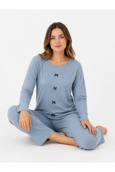 FAMES PİJAMA Büyük Beden Kaşkorse Buz Mavisi Mevsimlik Pijama Takımı