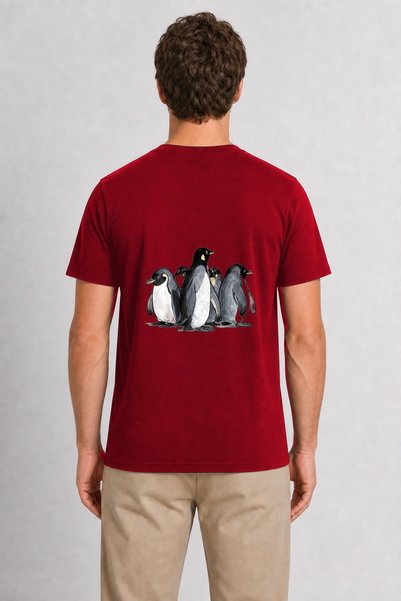WAKHA Men's Hand Drawn Penguin Family Back Print - Red