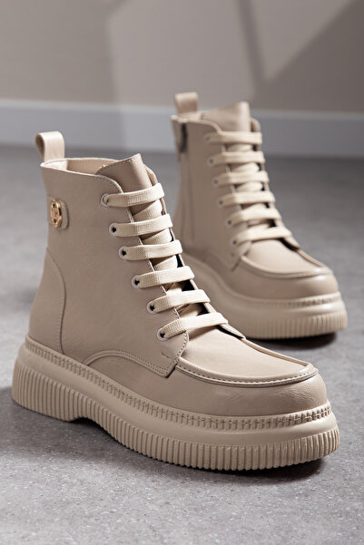 Mc vay Shoes Kadın Mc Aksesuar Detaylı Saraçlı Bağcıklı ve Fermuarlı Kalın Ka...