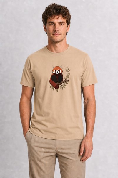 WAKHA Men's Natural Drawing Red Panda Design - Cream