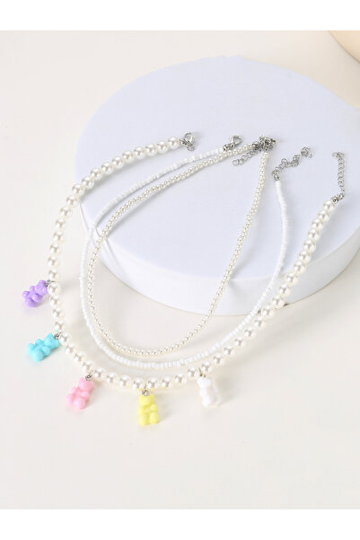 Take Two By Styli Pack of 3 - Girls Multi-Color Gummy Bear Charm Pearl Necklaces