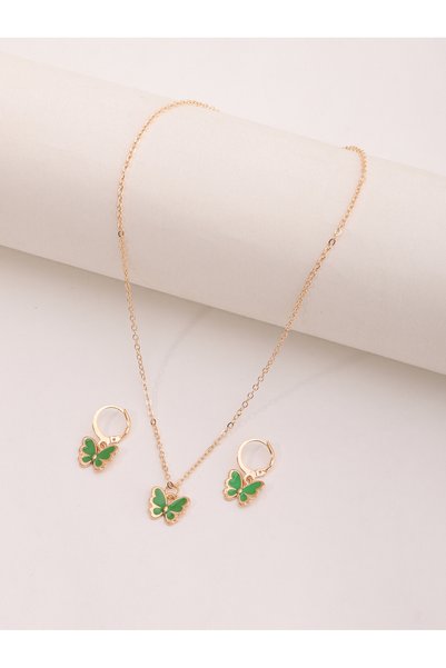 Take Two By Styli Girls Green Butterfly Pendant Necklace and Earrings Set