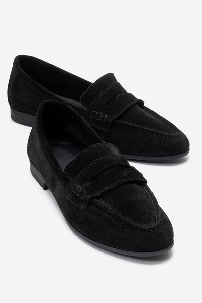 De Marscha Hakiki Deri Saraçlı Kadın Loafer Siyah Süet Bellissima