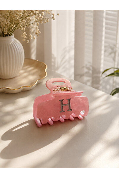 Lilith Takı Pink Letter H Hair Clip – Stylish Marble Patterned Oversized Wome...