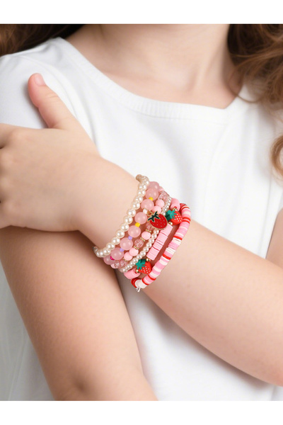 Take Two By Styli Pack of 6 - Girls Pink Strawberry Charm Beaded Bracelets