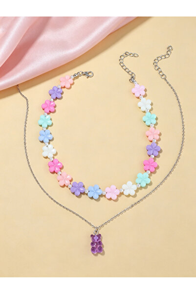 Take Two By Styli Pack of 2 Girls Multi-Color Flower and Gummy Bear Necklaces