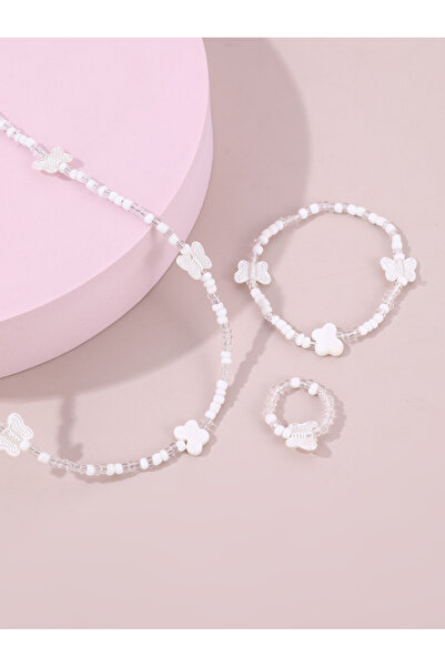 Take Two By Styli Girls White Butterfly Charm Beaded Necklace, Bracelet and R...