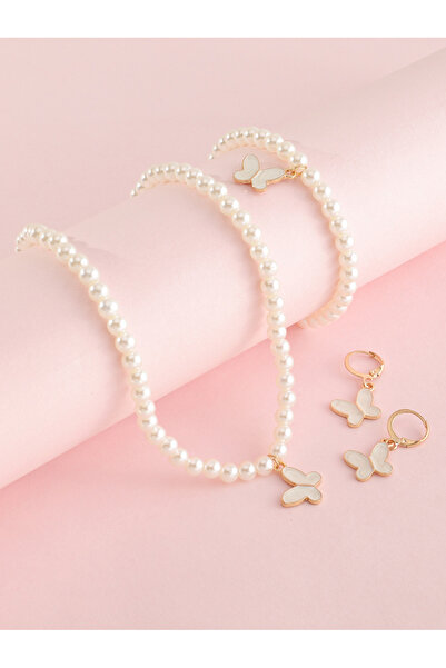 Take Two By Styli Girls White Butterfly Charm Pearl Necklace, Bracelet and Ea...
