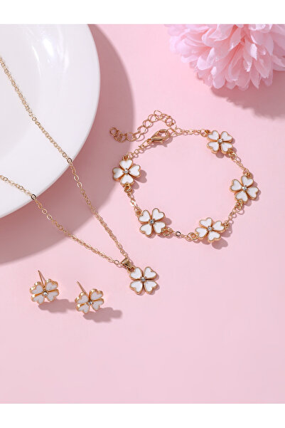 Take Two By Styli Girls White Clover Charm Necklace, Bracelet and Earrings Set