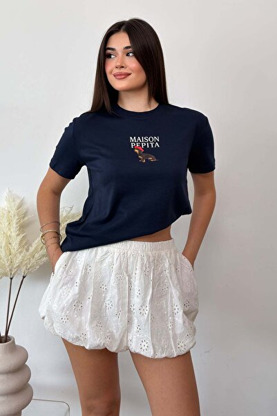GİYSA Women's Crew Neck Maison Dog Printed T-Shirt Navy Blue - 26Y 4444
