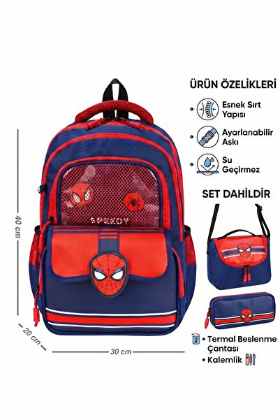Genel Markalar Örümcek Desenli İlkokul Çanta Seti Termal Beslenmeli ve Kaleml...