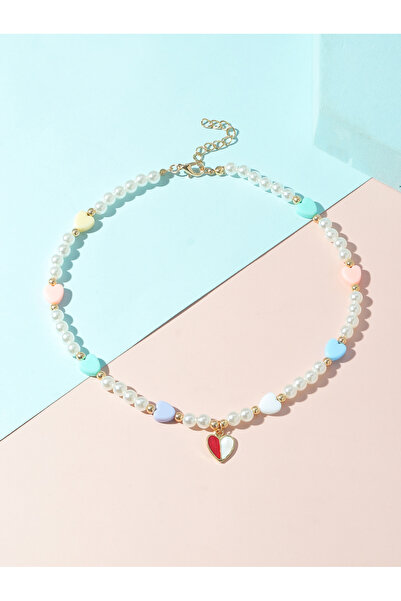 Take Two By Styli Girls Multi-Color Heart Charm Pearl Beaded Necklace