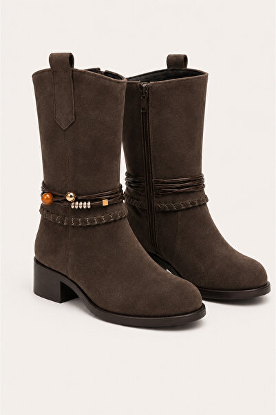 Solo Bag Women's Suede Casual Belt and Bead Detailed Boots Bootie