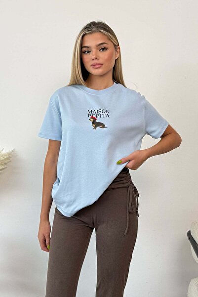 GİYSA Women's Crew Neck Maison Dog Printed T-Shirt Blue - 26Y 4444