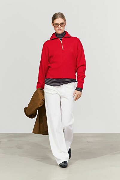 Massimo Dutti Fermuarlı polo yaka pamuklu triko kazak