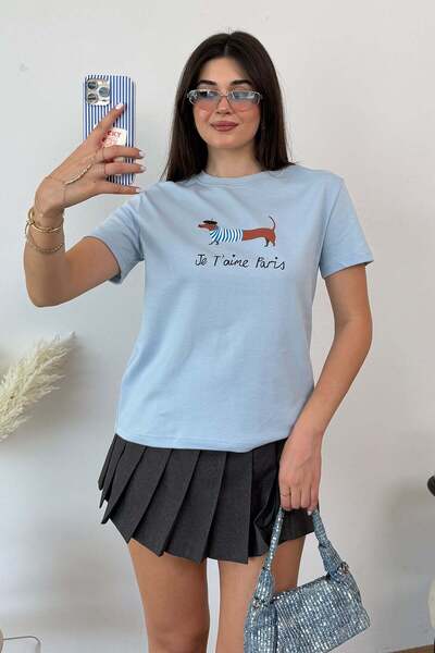 GİYSA Γυναικείο T-Shirt με στάμπα σκύλου και λαιμόκοψη πετσετέ, Μπλε - 26Y 2222