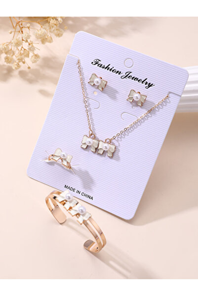 Take Two By Styli Set of 5 - White Bow And Pearl Jewelry Set