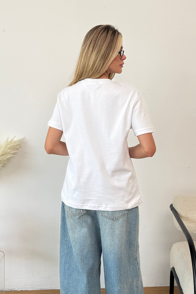 GİYSA Kadın Bisiklet Yaka Aruoar Baskılı T-Shirt Beyaz - 26Y 3333