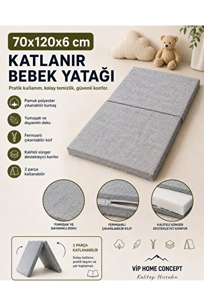 Vip Home Concept Katlanır Çocuk Yatağı Sünger Yer Yatağı Oyun Minderi Taşınabilir 70x120x6 cm-GRİ