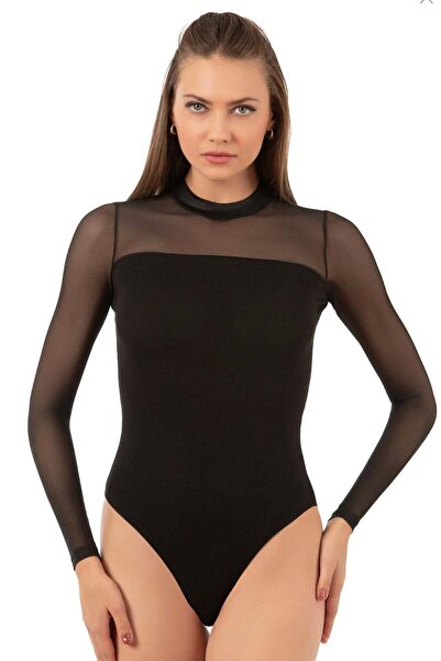Kompedan Women's Cotton Transparent Long Sleeve Snap Fastener Bodysuit |   Bl...