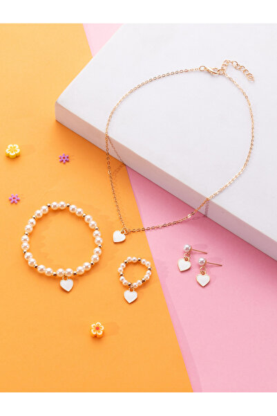 Take Two By Styli Girls White Heart Charm Necklace, Pearl Bracelet, Ring and ...