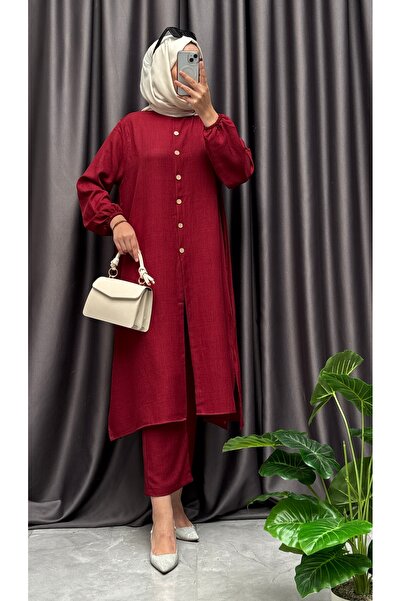 NİSUM MODA Modest Two Piece Set - Burgundy - Long