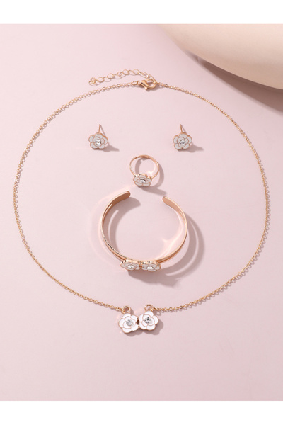 Take Two By Styli Girls White Flower Charm Necklace, Bracelet, Ring and Earri...