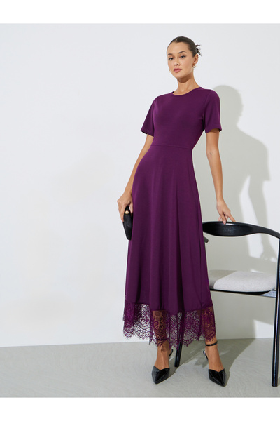 Styli Purple Solid Lace Hem A-Line Maxi Dress