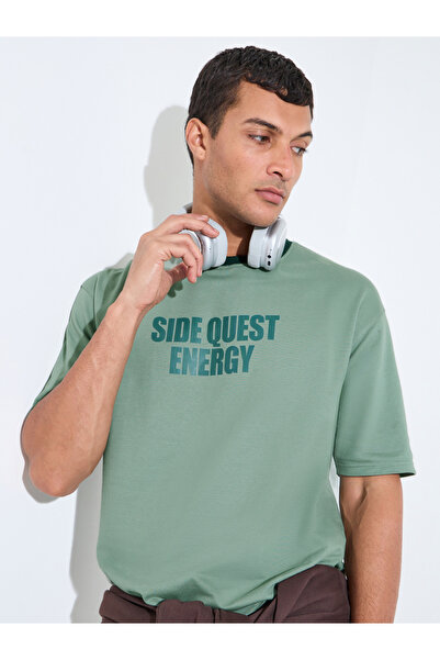 Styli Men Green Oversized Front Print Ringer Terry T-Shirt