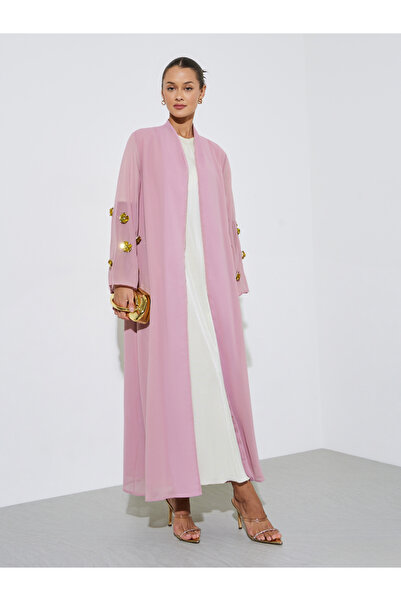 Amirah By Styli Pink Solid Open Front Abaya with Floral Embellished Sleeves