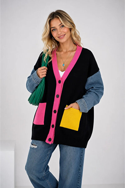 bysoca Women's Black Color Blocked Bohemian Cardigan Knitwear Oversize Casual...