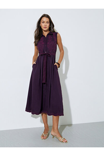 Styli Burgundy Embroidered Belted Waist Shirt Midi Dress