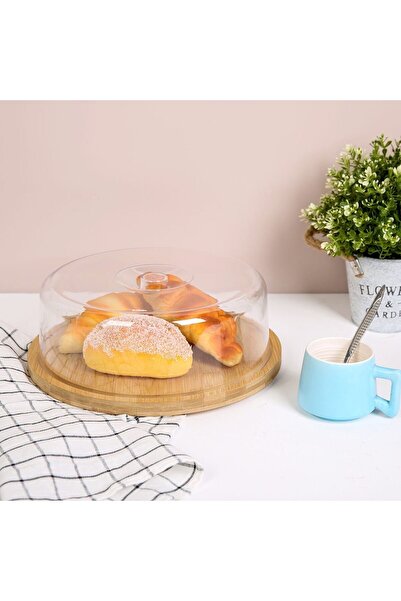 Danube Home Aaron Round Bamboo Cake Box With Lid Nature And Clear D27.Hcm Fy2...