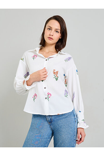 Take Two By Styli White Floral Embroidered Ruffle Cuff Blouse