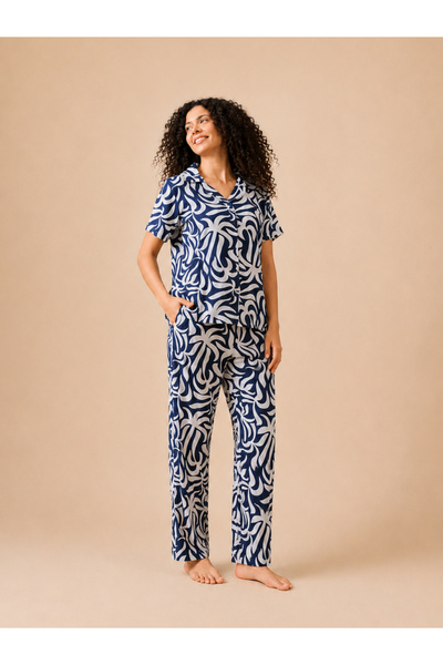 LAZZYCAT By Styli Blue All Over Print Short Sleeve Top and Pyjama Set By Lazz...