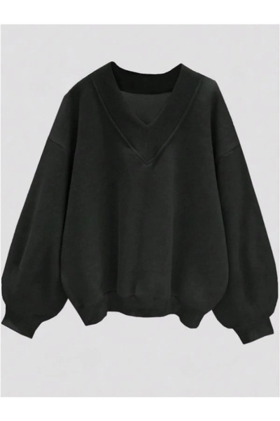 FUWEAR Siyah Kadın V Yaka Detaylı Oversize Sweatshirt
