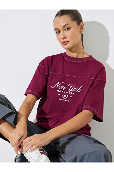 Styli Burgundy Embroidered Slogan Oversized T-Shirt