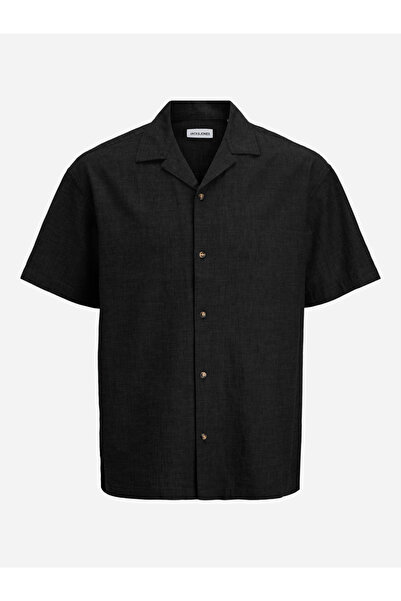 Jack & Jones قميص أسود بياقة رورت من مزيج الكتان