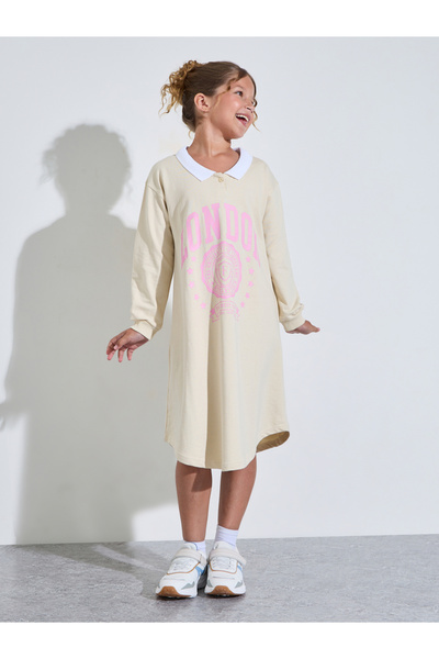 Styli Teen Girls Cream Graphic Print Contrast Collar Sweatshirt Dress
