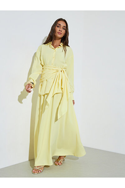 Styli Yellow Solid Tie-Up Detail Shirt and Maxi Skirt Co-ord Set