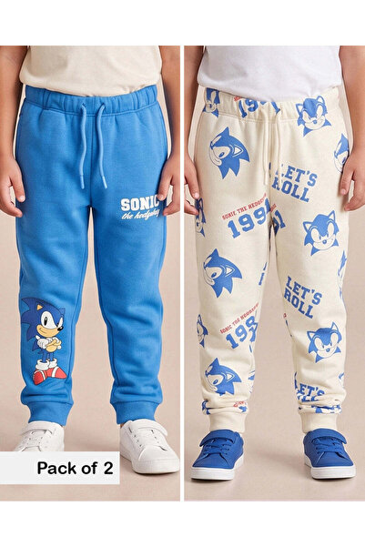 REDTAG Boys Blue And Cream Sonic Track Pants (Pack Of 2)