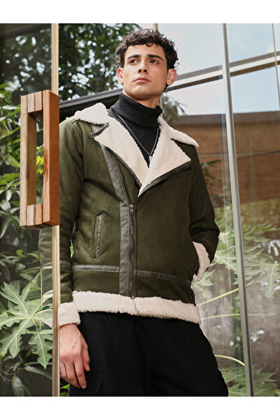 Campus Sutra By Styli Men Green Contrast Sherpa-Lined Suede Biker Jacket