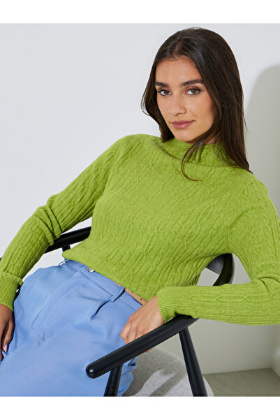 Styli Green Cable Knit High Neck Long Sleeves Jumper