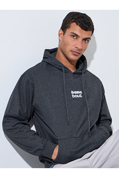 Styli Charcoal Minimal Chest Print Relaxed Fit Hoodie