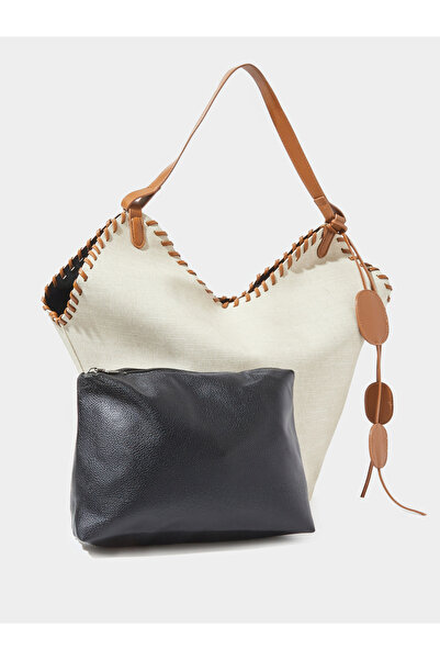 Styli Brown Stitch Detail Canvas Tote Bag with A Pouch